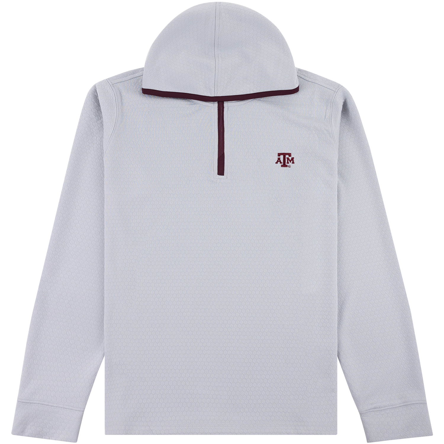 White Texas A&M long-sleeve quarter-zip hoodie featuring a subtle geometric textured pattern, maroon zipper trim, matching hood accents, and an embroidered maroon ATM logo on the chest.