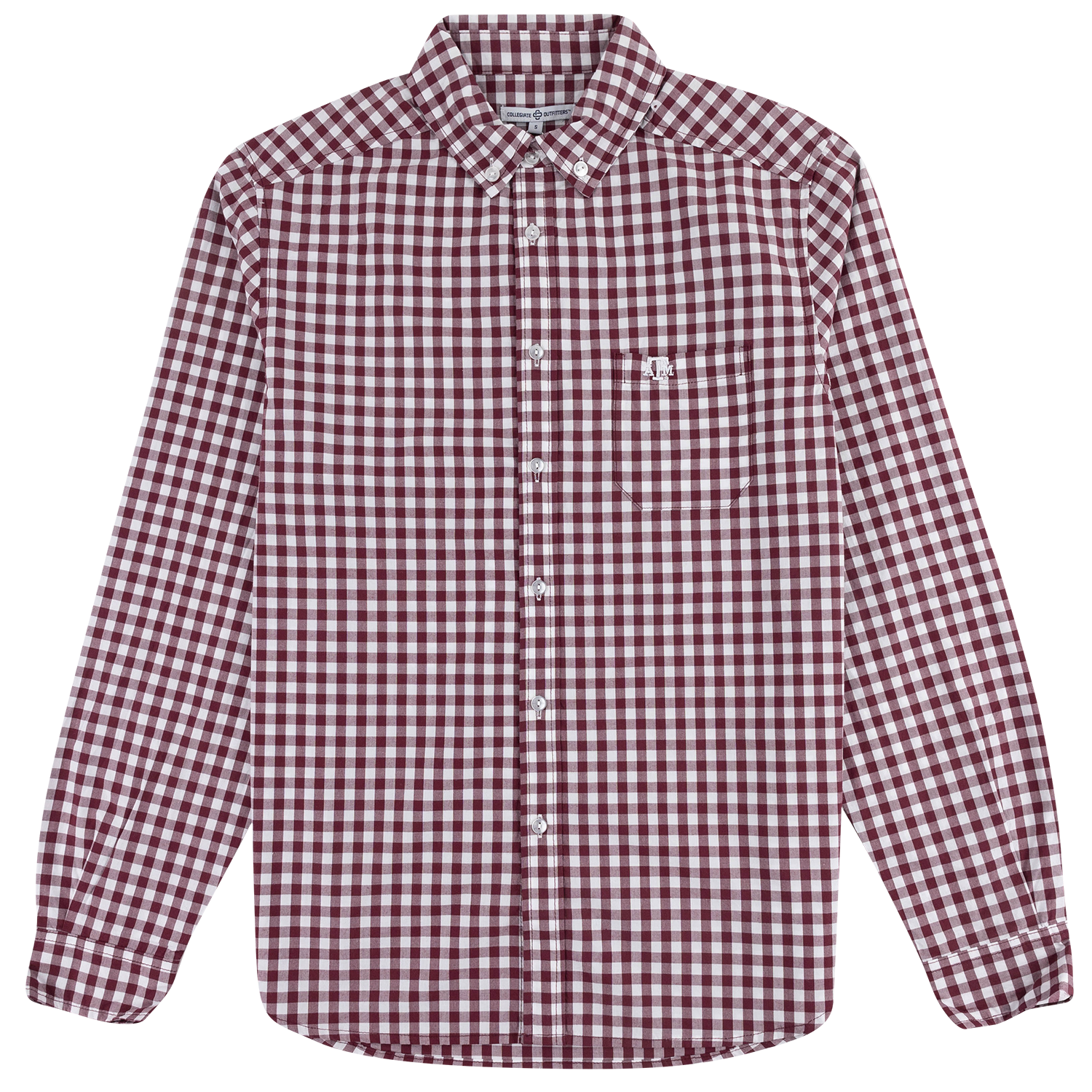 A long-sleeve button-down shirt with a maroon and white gingham check pattern, featuring a pointed collar, white buttons, and a small embroidered Texas A&M logo on the left chest.