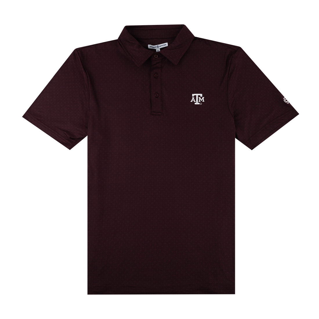 Maroon polo with the Texas A&M logo on the upper left chest in white.