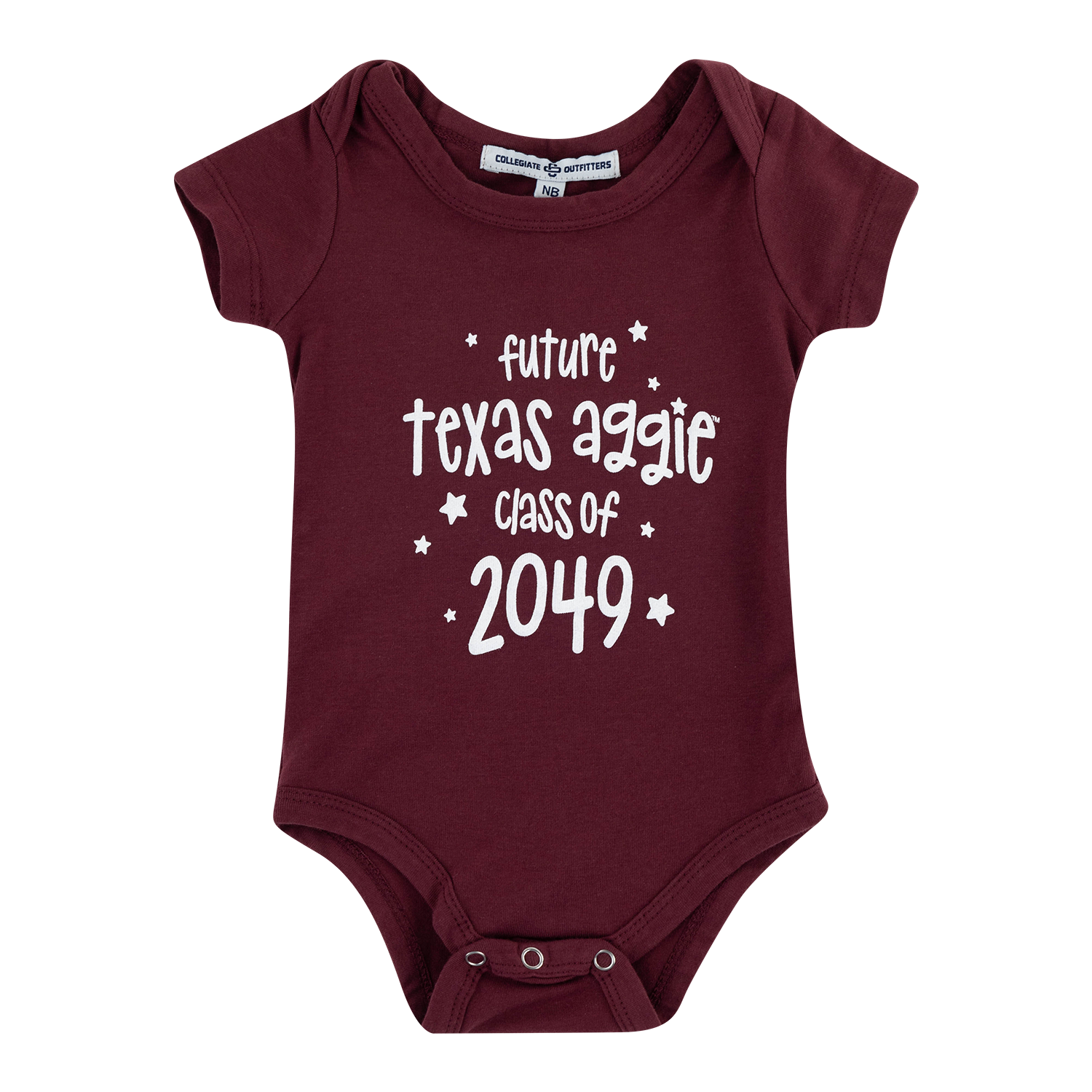 A short-sleeve baby bodysuit in maroon with white text reading 'future texas aggie class of 2049' and small white stars, shown on a plain white background.