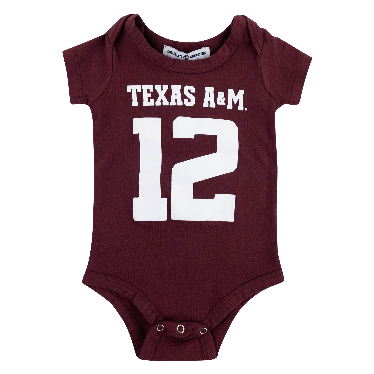 A maroon short-sleeve baby bodysuit featuring white "TEXAS A&M" text above a large number 12 printed on the front.   