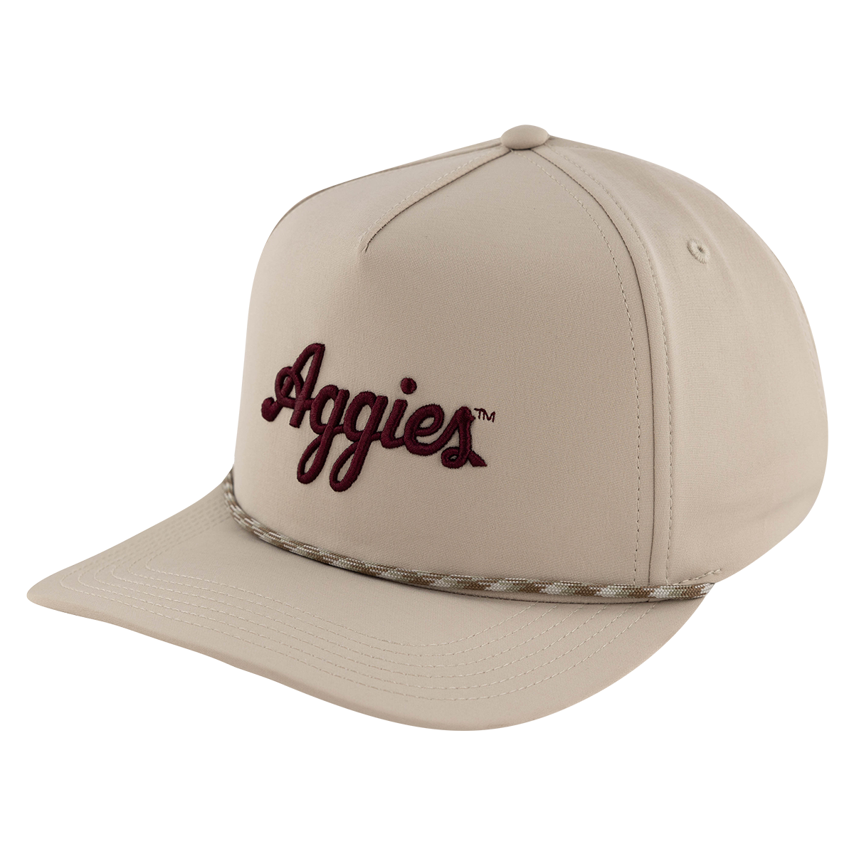 Khaki hat with Aggies in maroon with rope