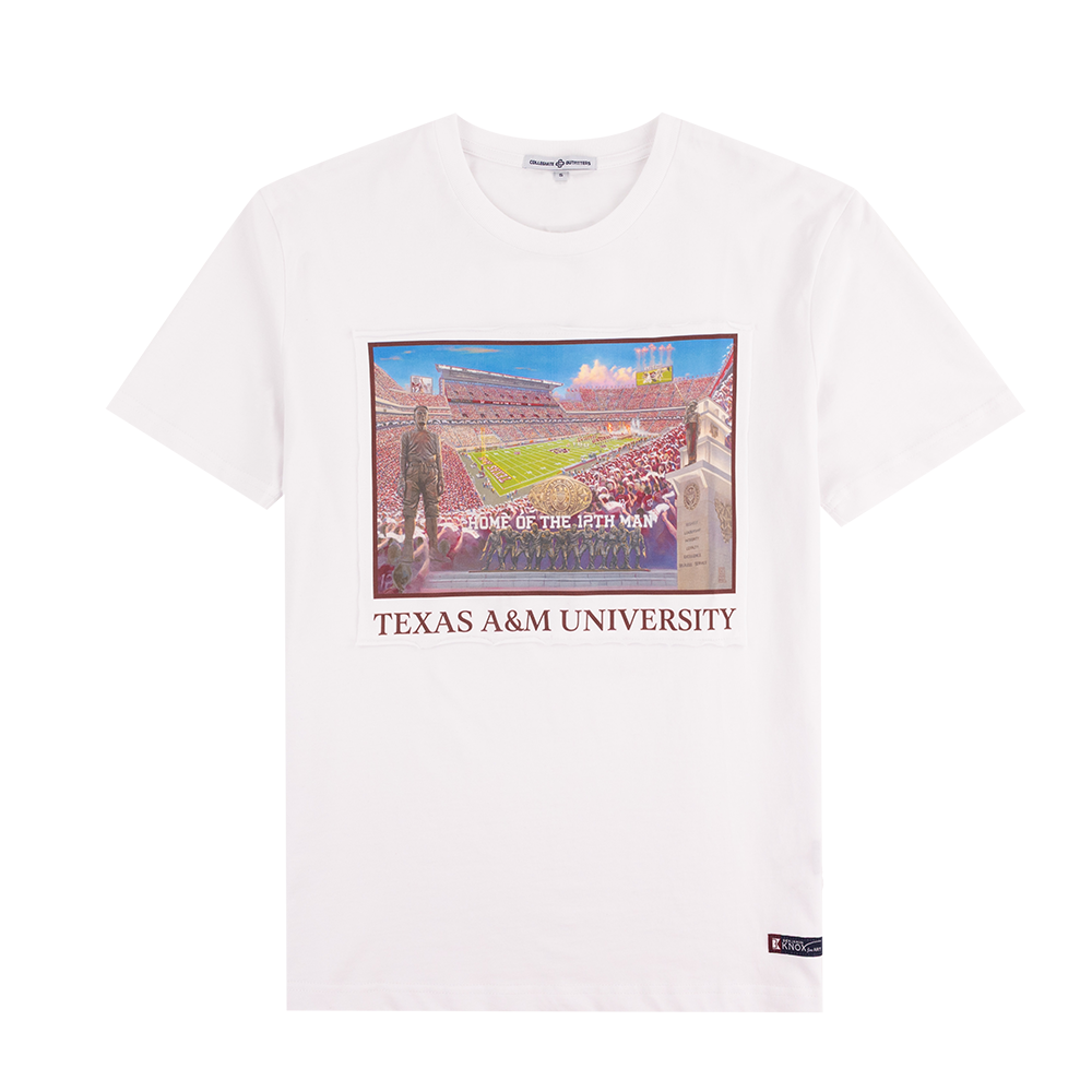 White t-shirt with Texas A&M University stadium graphic 