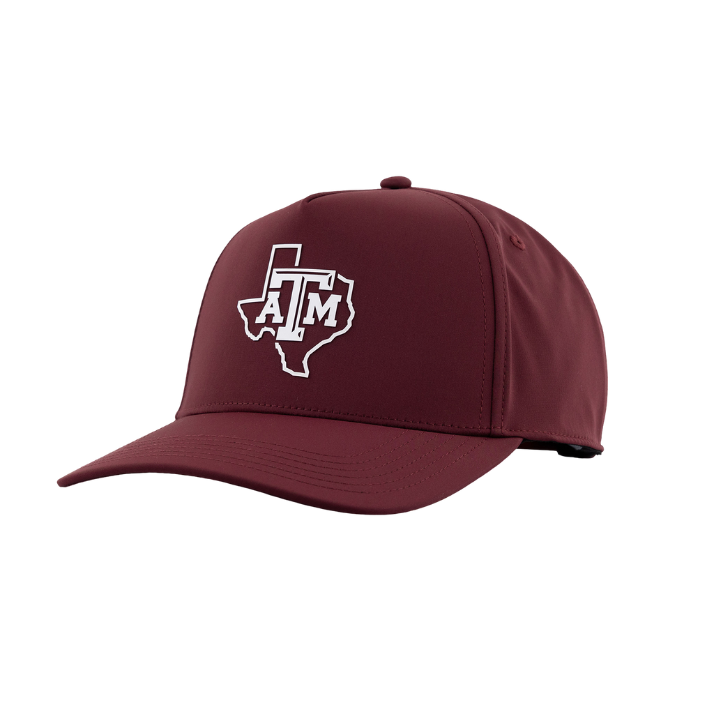 Maroon Texas A&M baseball cap featuring a white Texas-shaped outline with the A&M logo on the front and a curved brim.