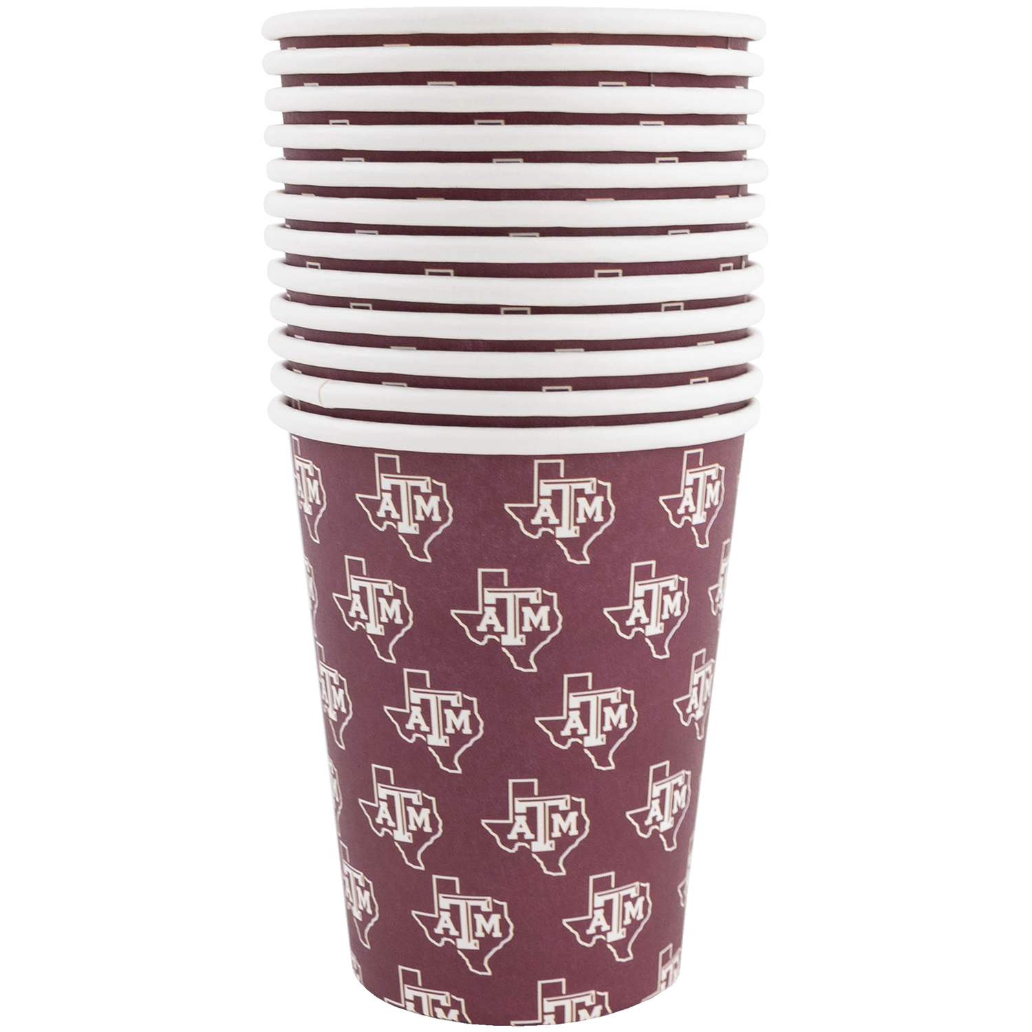 Texas A&M maroon and white disposable cups featuring repeating ATM logos inside Texas-shaped outlines.
