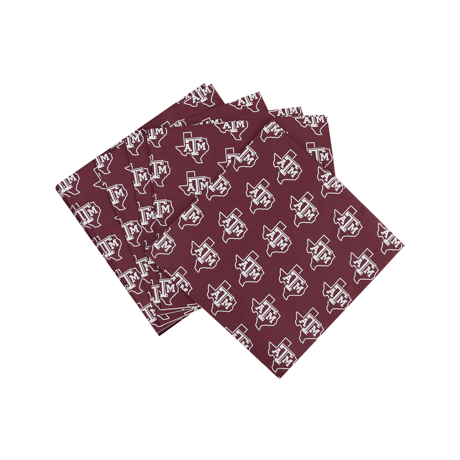 Maroon napkins featuring an all-over Texas A&M logo and Texas-shaped pattern in white.