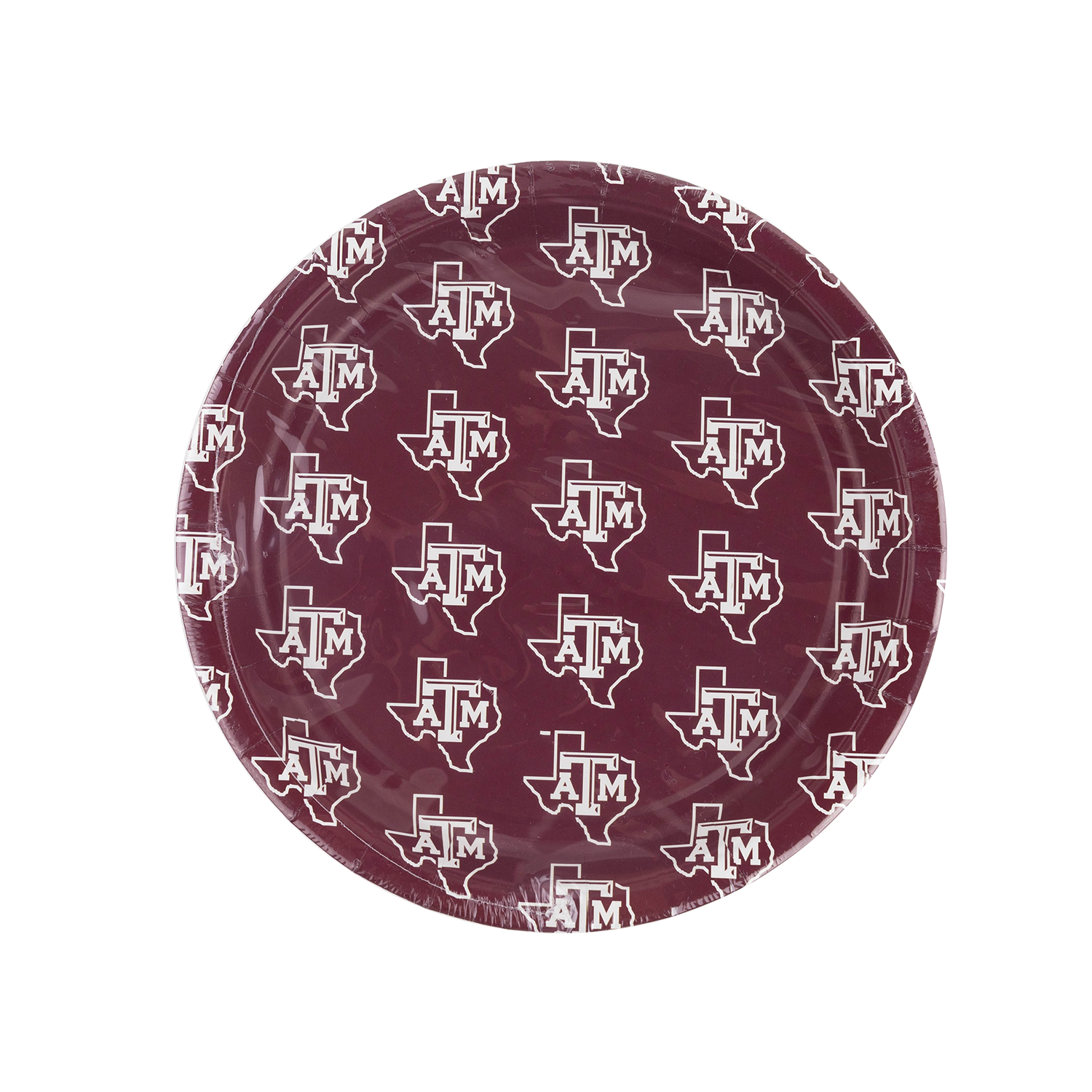 Texas A&M maroon paper plates featuring a repeating white Texas A&M logo pattern.