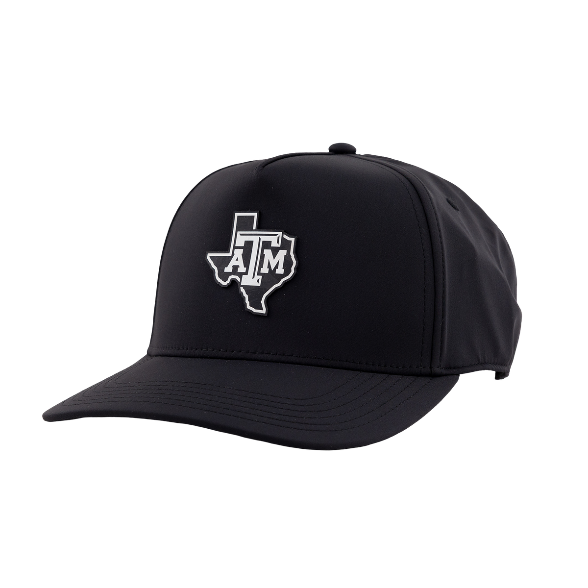 A black baseball cap featuring an white Texas A&M 'ATM' logo in the shape of Texas on the front panel, shown against a plain white background.
