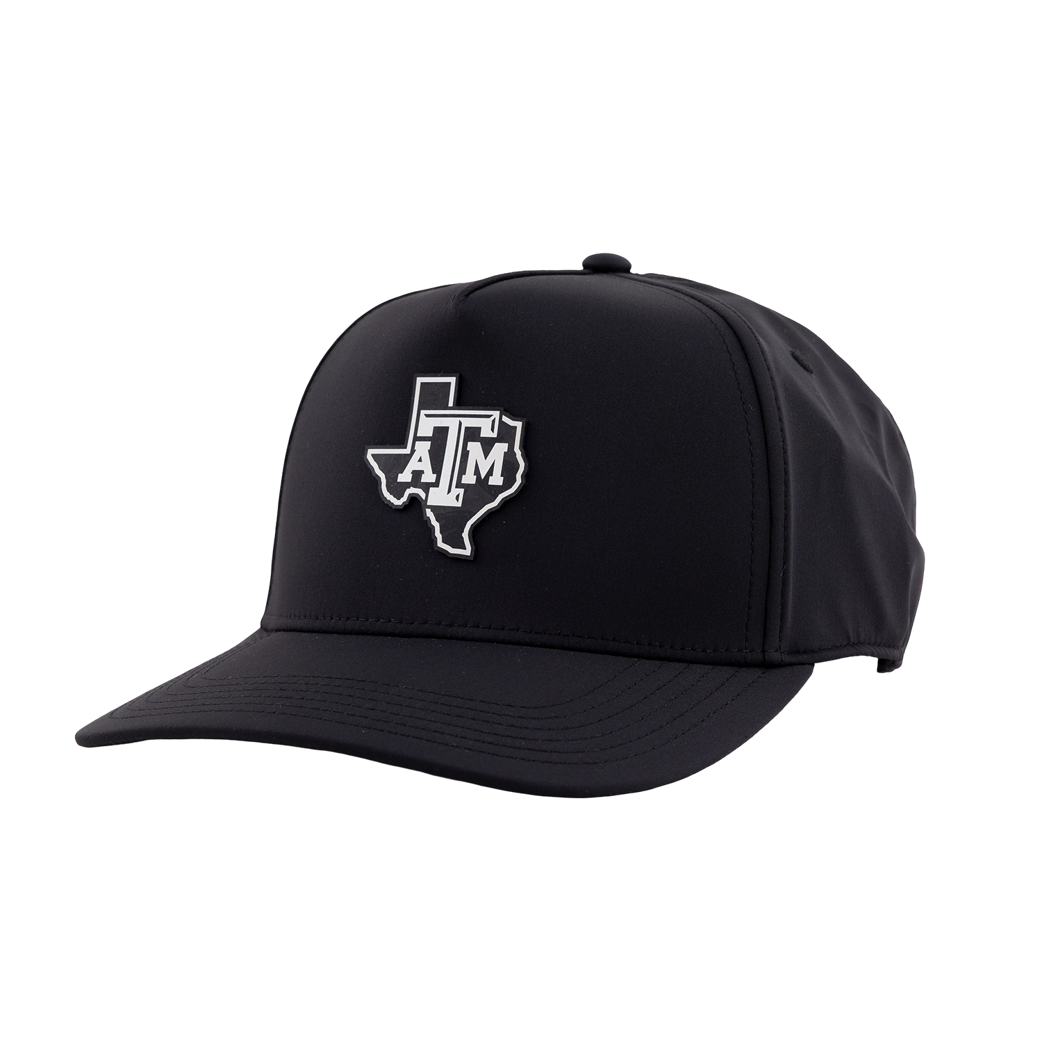A black baseball cap featuring an white Texas A&M 'ATM' logo in the shape of Texas on the front panel, shown against a plain white background.