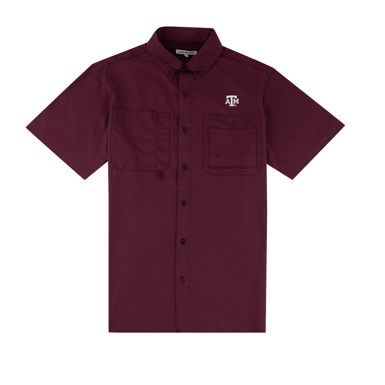 Maroon button down fishing shirt with white ATM logo on left side of the chest