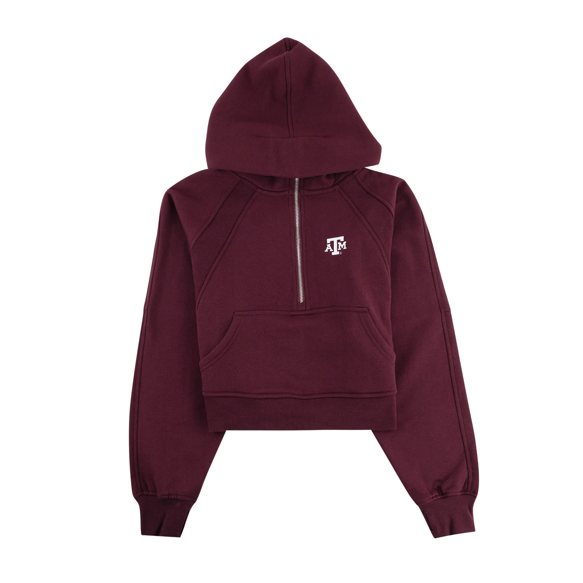 Maroon half zip hoodie with white ATM logo on the left side of the chest