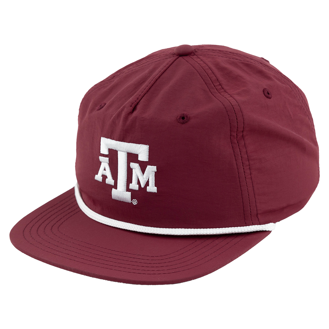 Maroon performance hat with white ATM logo and white rope on the brim