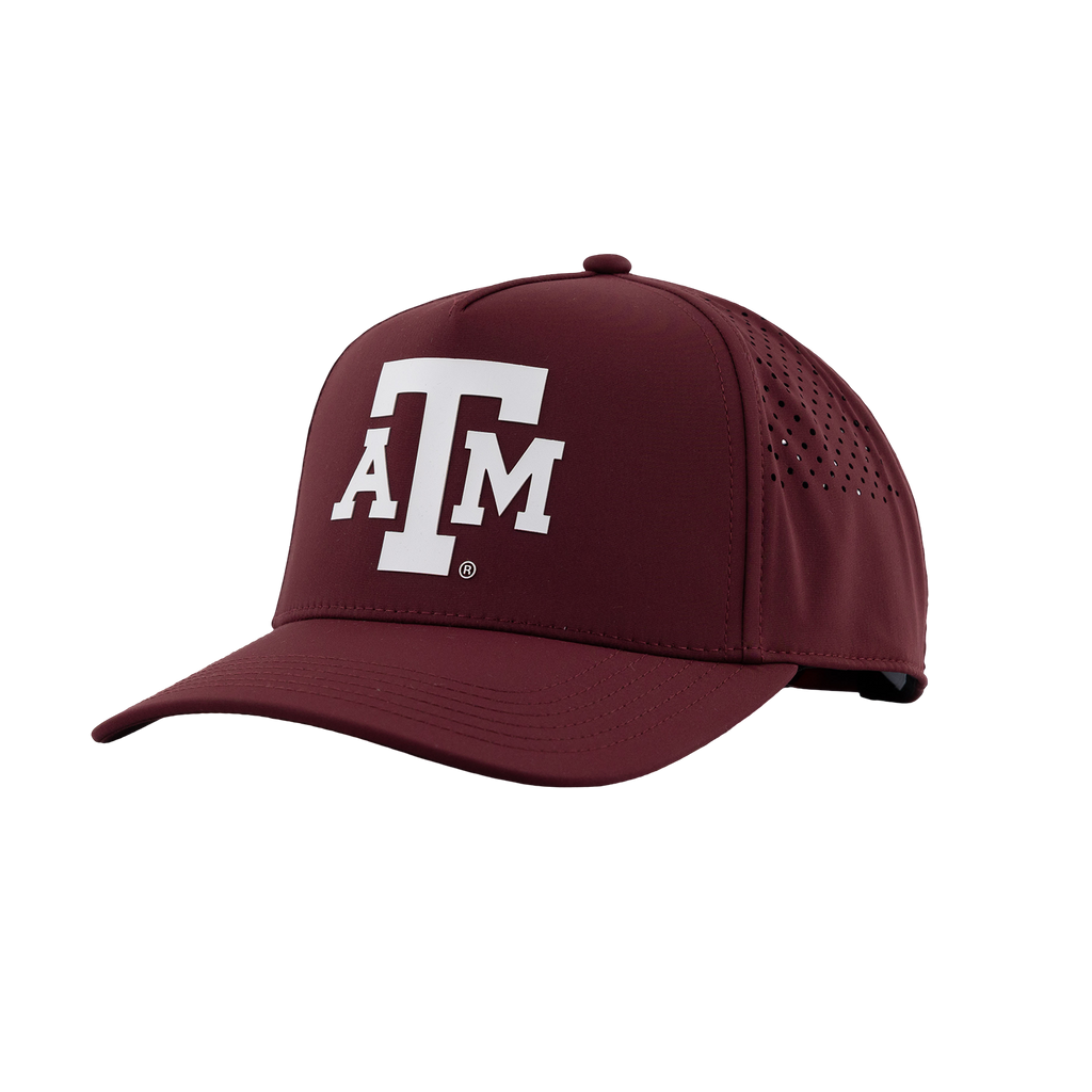 Maroon Texas A&M baseball-style cap featuring a white Texas A&M logo, curved brim, and perforated side panels.