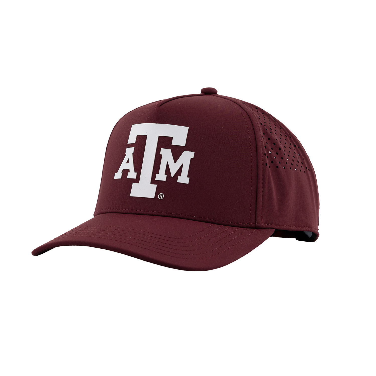 Maroon Texas A&M baseball-style cap featuring a white Texas A&M logo, curved brim, and perforated side panels.