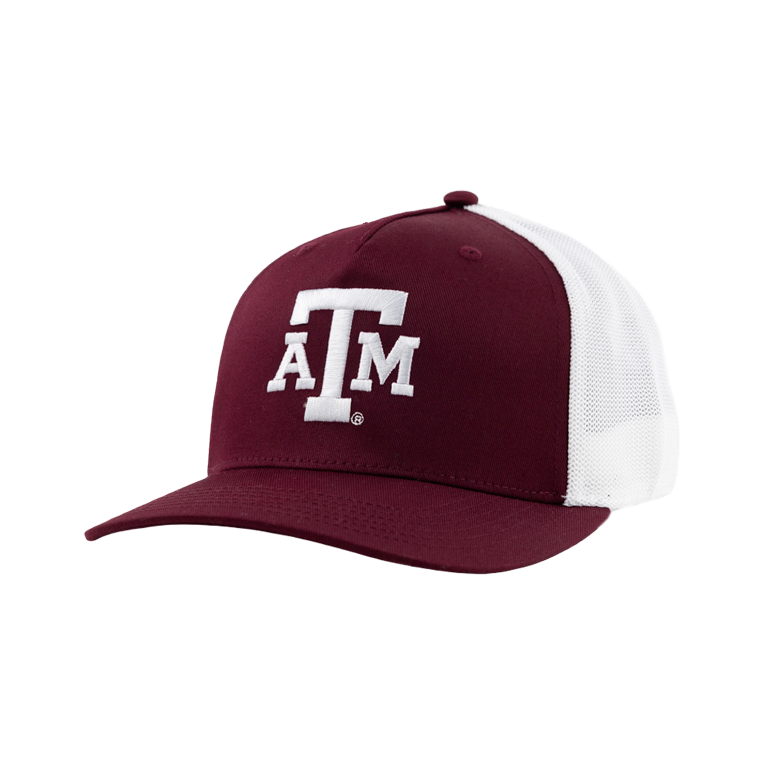 Maroon and white Texas A&M trucker hat featuring a solid maroon front crown with a raised white ATM logo, a maroon visor, and white mesh side and back panels.