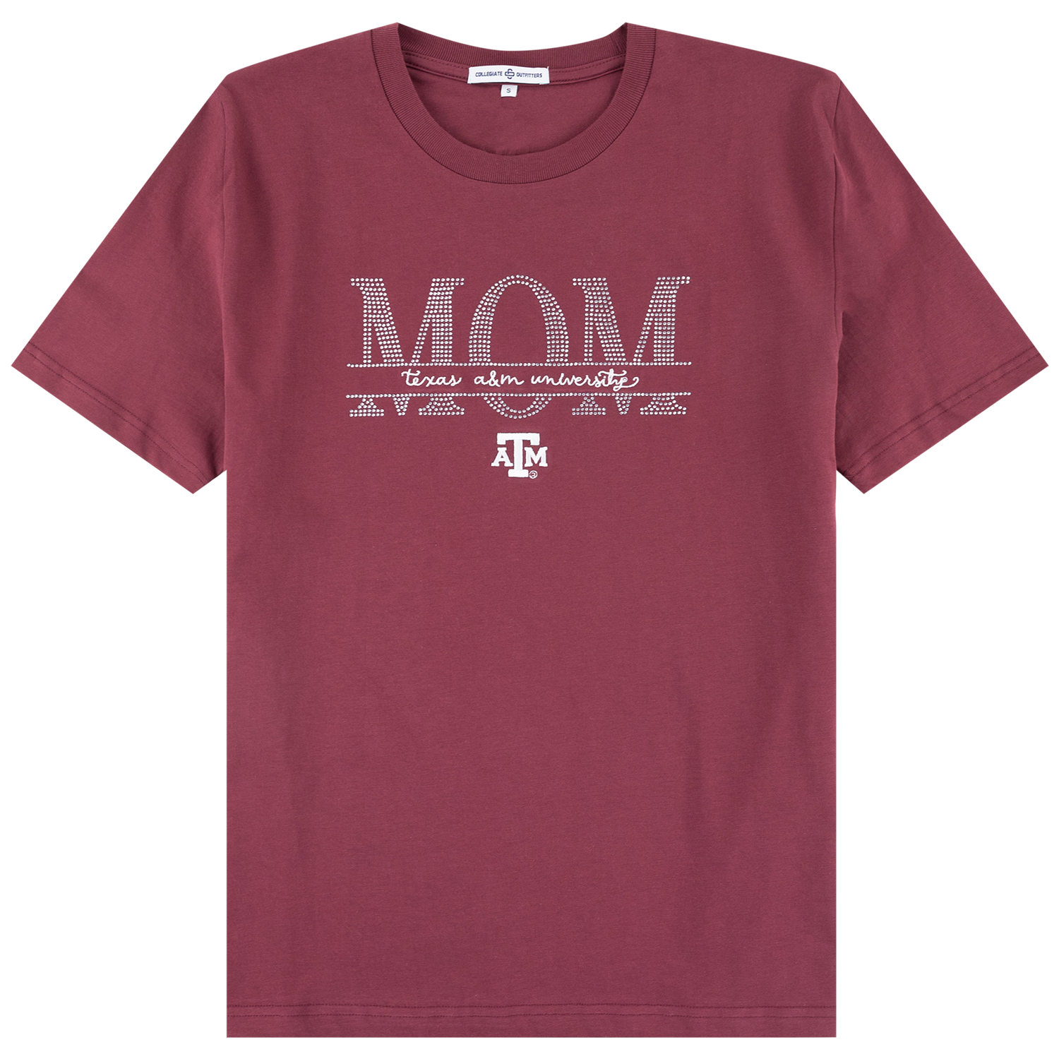 Maroon Texas A&M T-shirt featuring a rhinestone “ATM” graphic with “Texas A&M University” embroidered script and an A&M logo on the front.