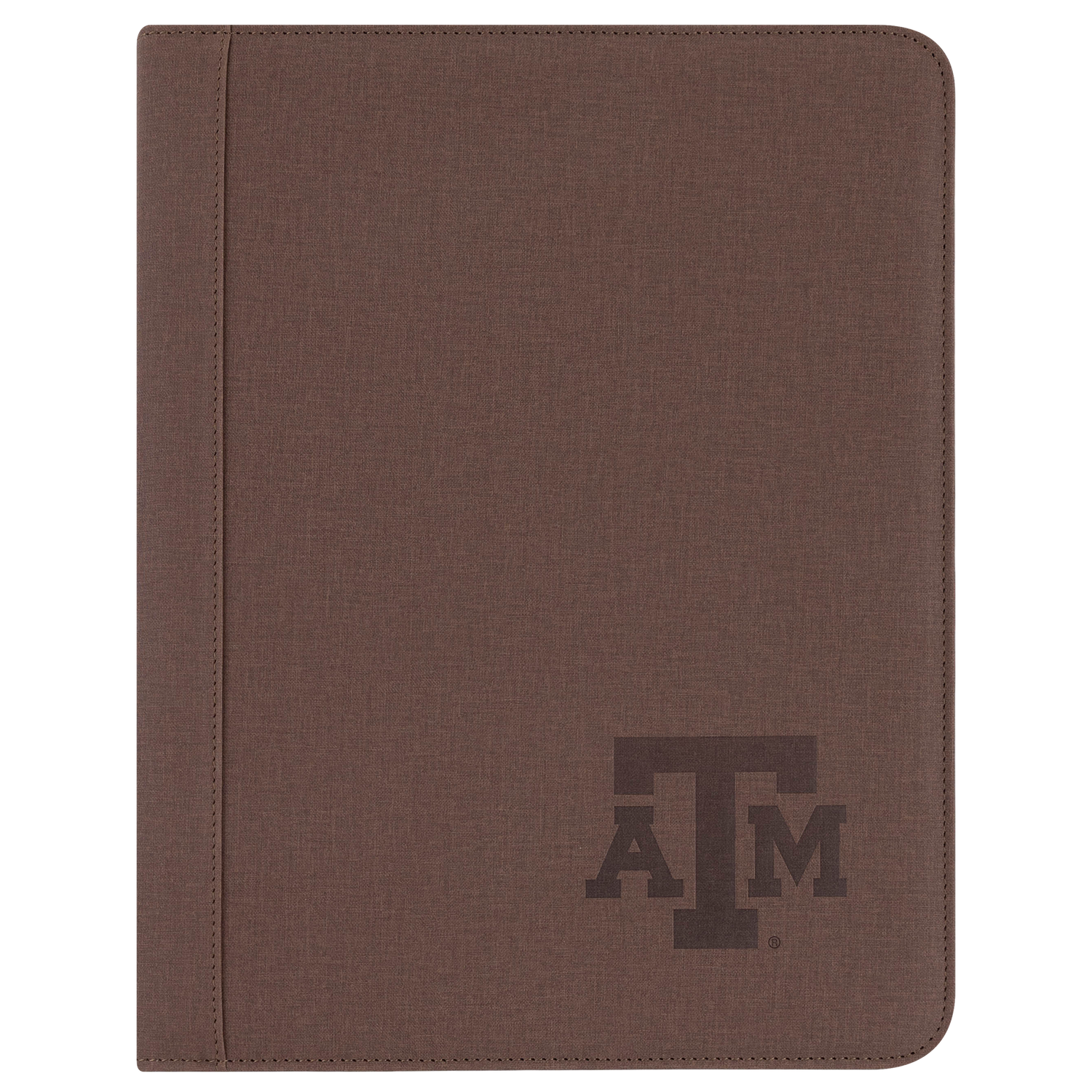 Brown Texas A&M portfolio with a subtle embossed maroon ATM logo on the front cover and stitched edges.