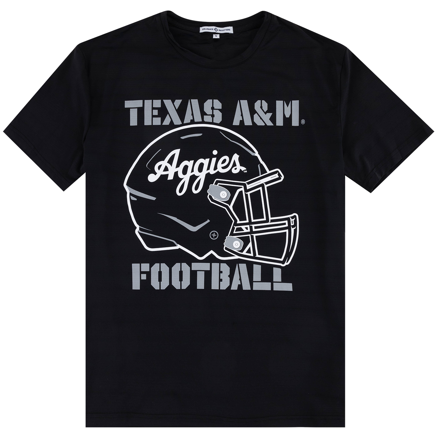 A black short-sleeve performance crewneck t-shirt featuring a white graphic print of a Texas A&M Aggies football helmet with 'TEXAS A&M' and 'FOOTBALL' text on the front.