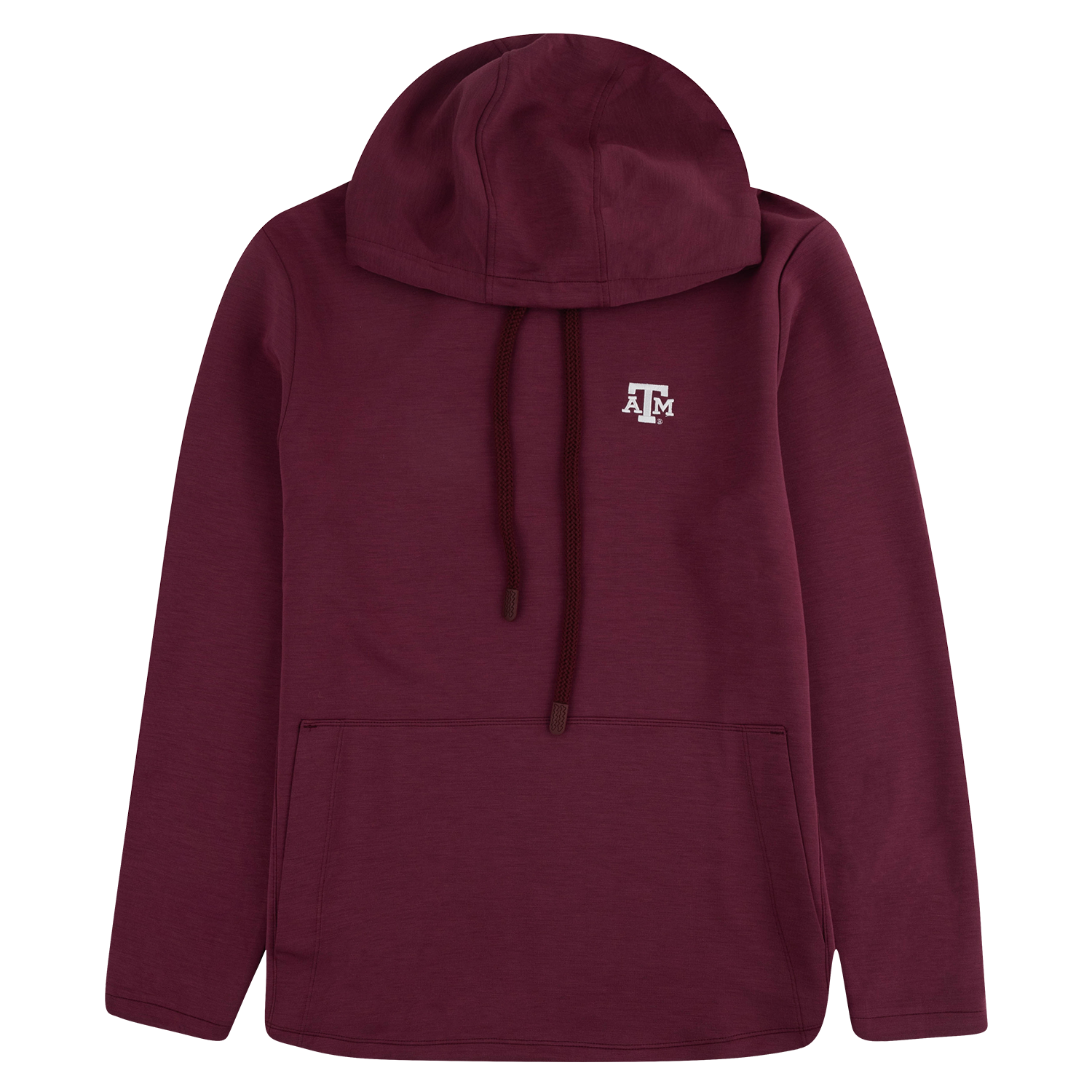 Maroon performance hoodie with white embroidered Texas A&M logo on left chest. 