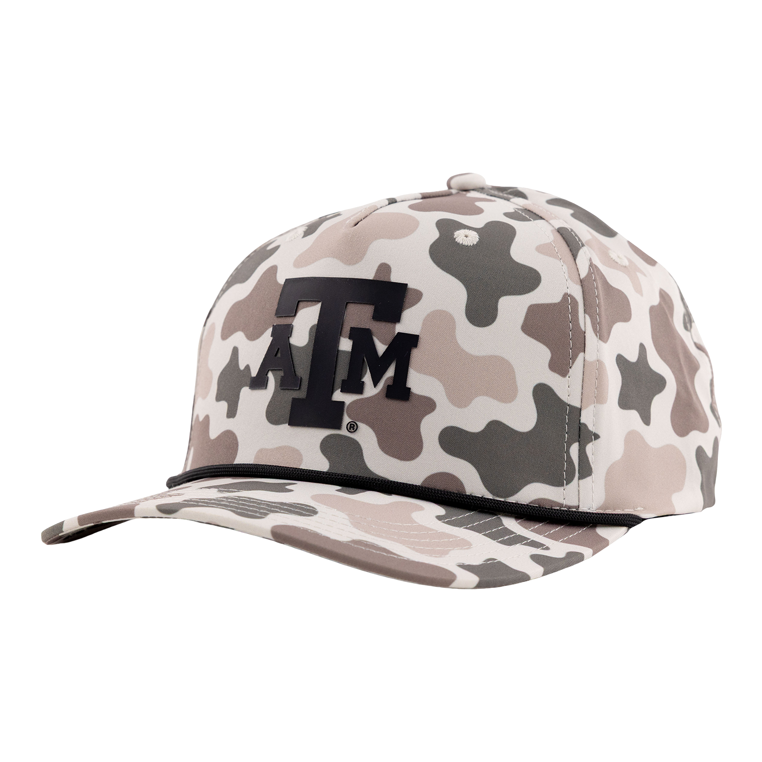 Texas A&M camouflage cap featuring a raised black A&M logo, curved brim, and black rope detail across the front.