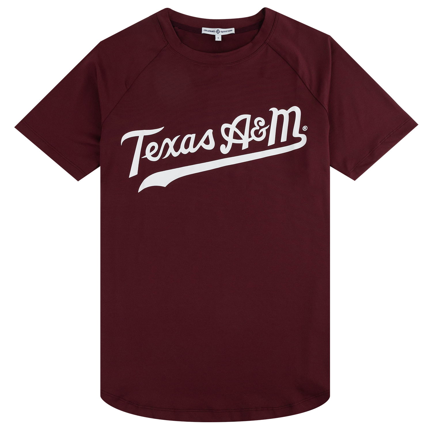A maroon short-sleeve raglan t-shirt featuring 'Texas A&M' printed in white script across the chest, displayed on a clean white background.