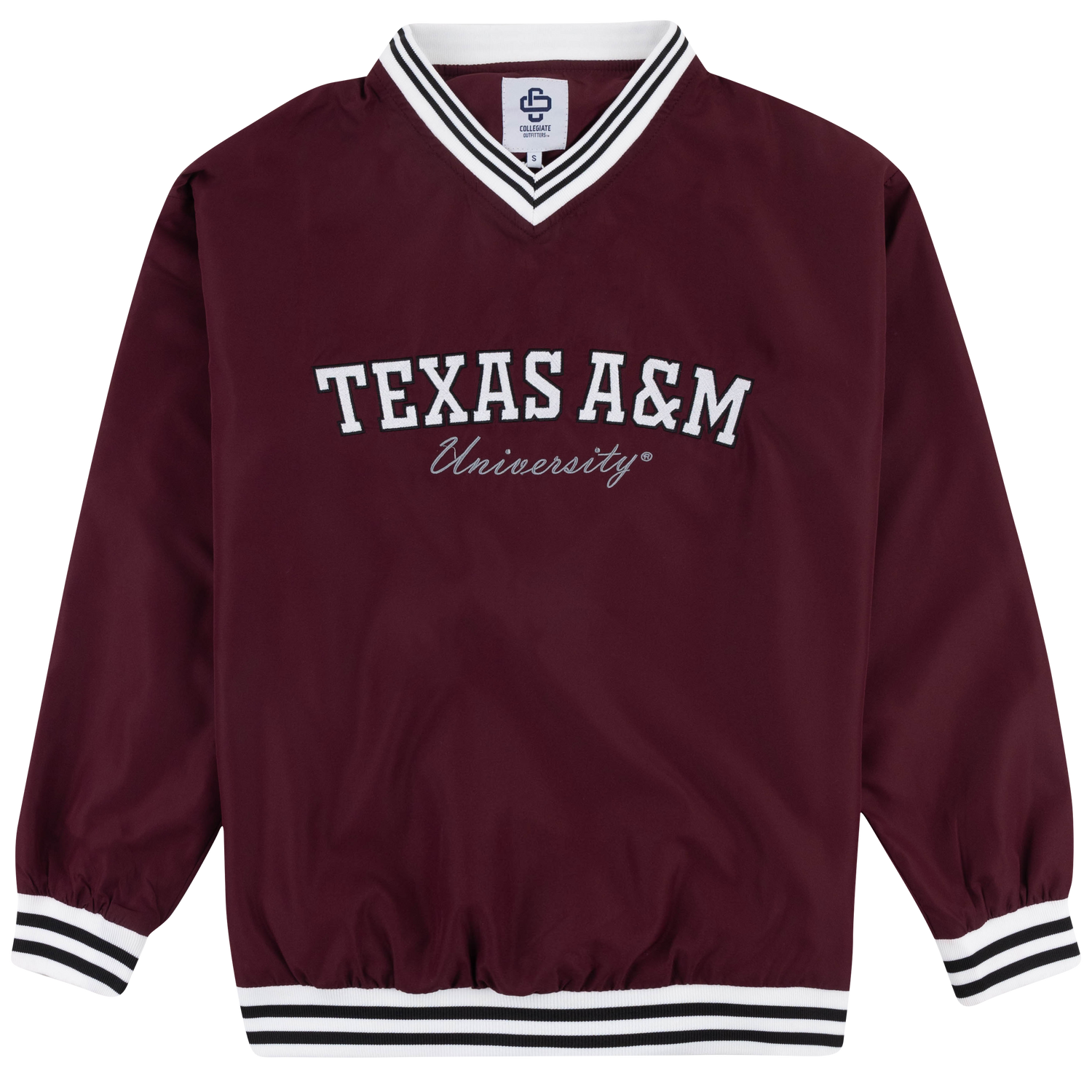 Maroon Texas A&M University pullover sweatshirt with white and black striped rib-knit V-neck collar, cuffs, and waistband, featuring white block lettering and embroidered-style script logo on the front.
