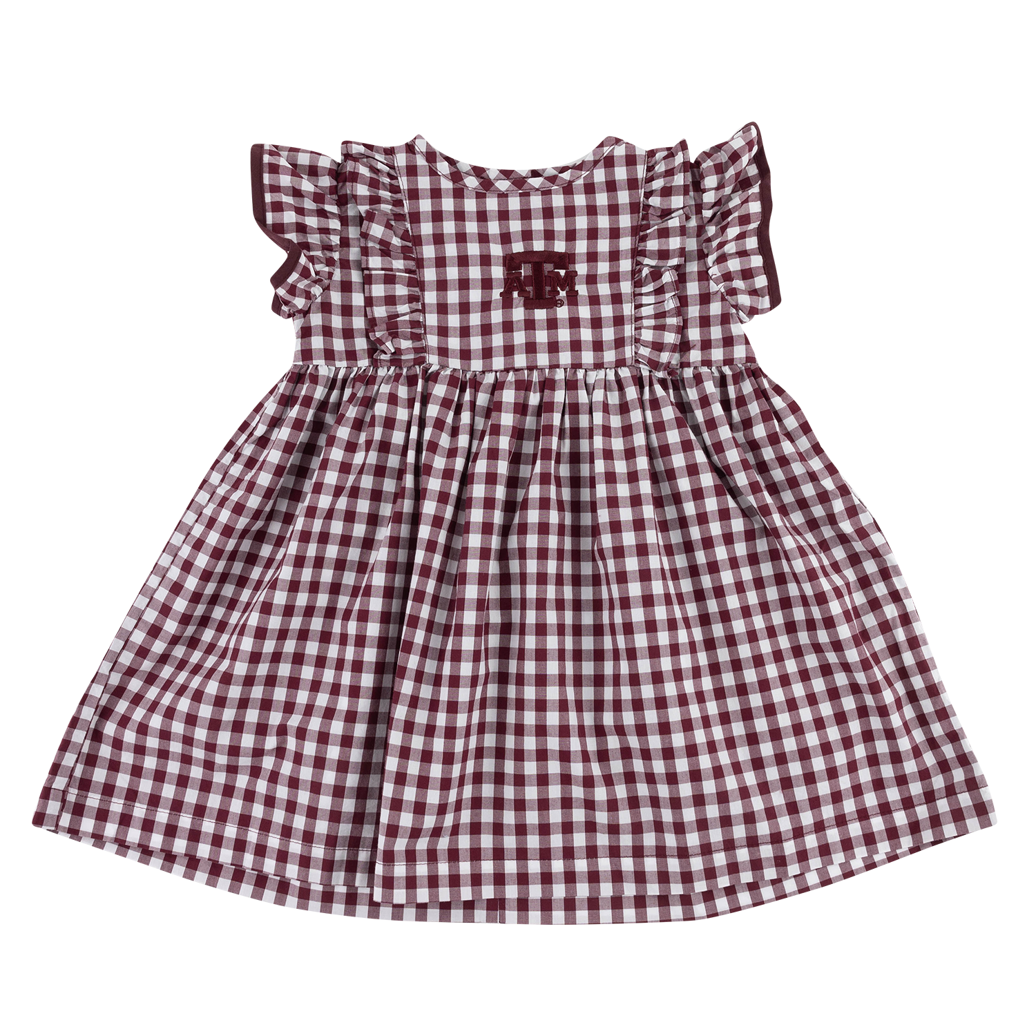 A toddler girl's dress featuring a burgundy and white gingham check pattern, ruffled cap sleeves, and a small embroidered ATM on the chest, displayed against a solid white background.