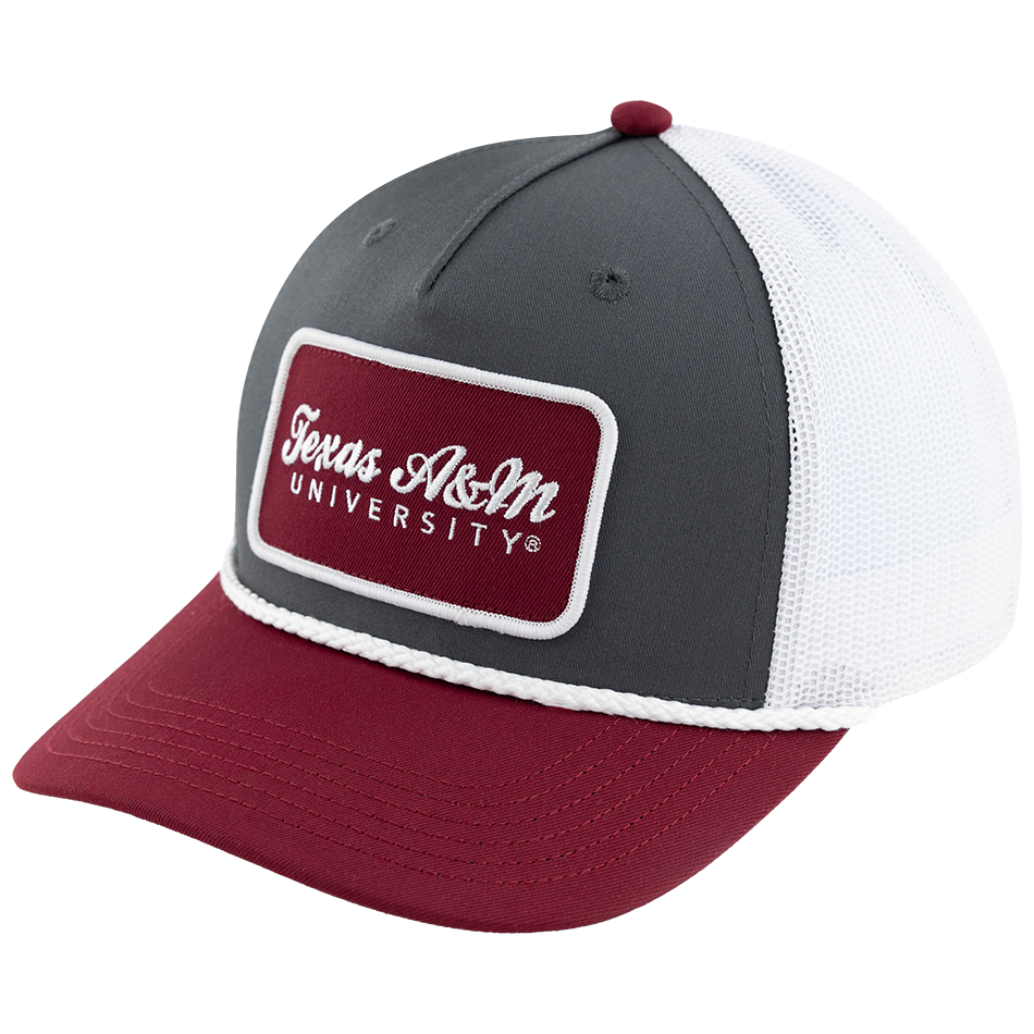 Gray hat with maroon brim and white rope. Maroon patch with TEXAS A&M UNIVERSITY in white. White mesh backing