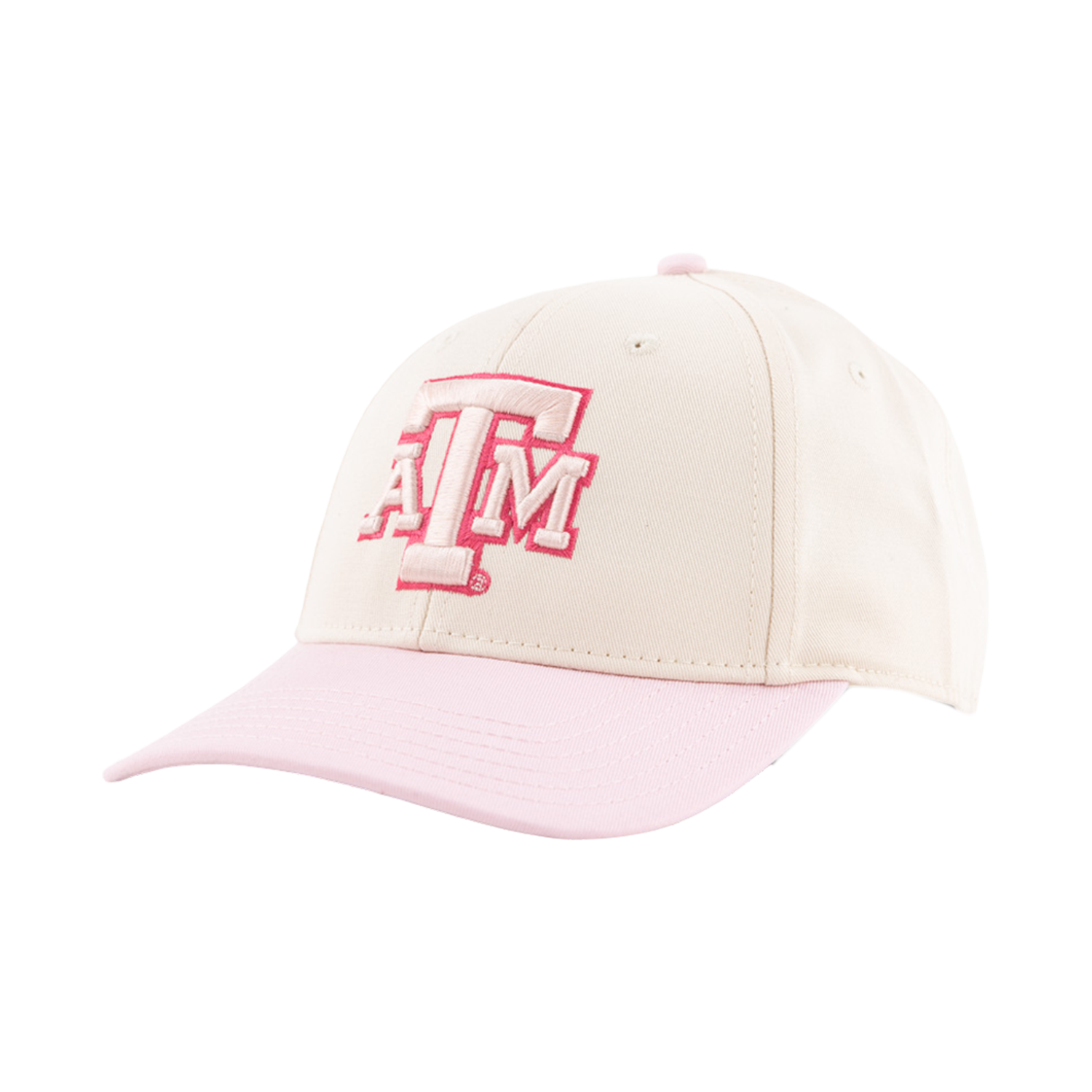 Cream-colored Texas A&M baseball cap with a pink brim and pink-outlined embroidered Texas A&M logo on the front.