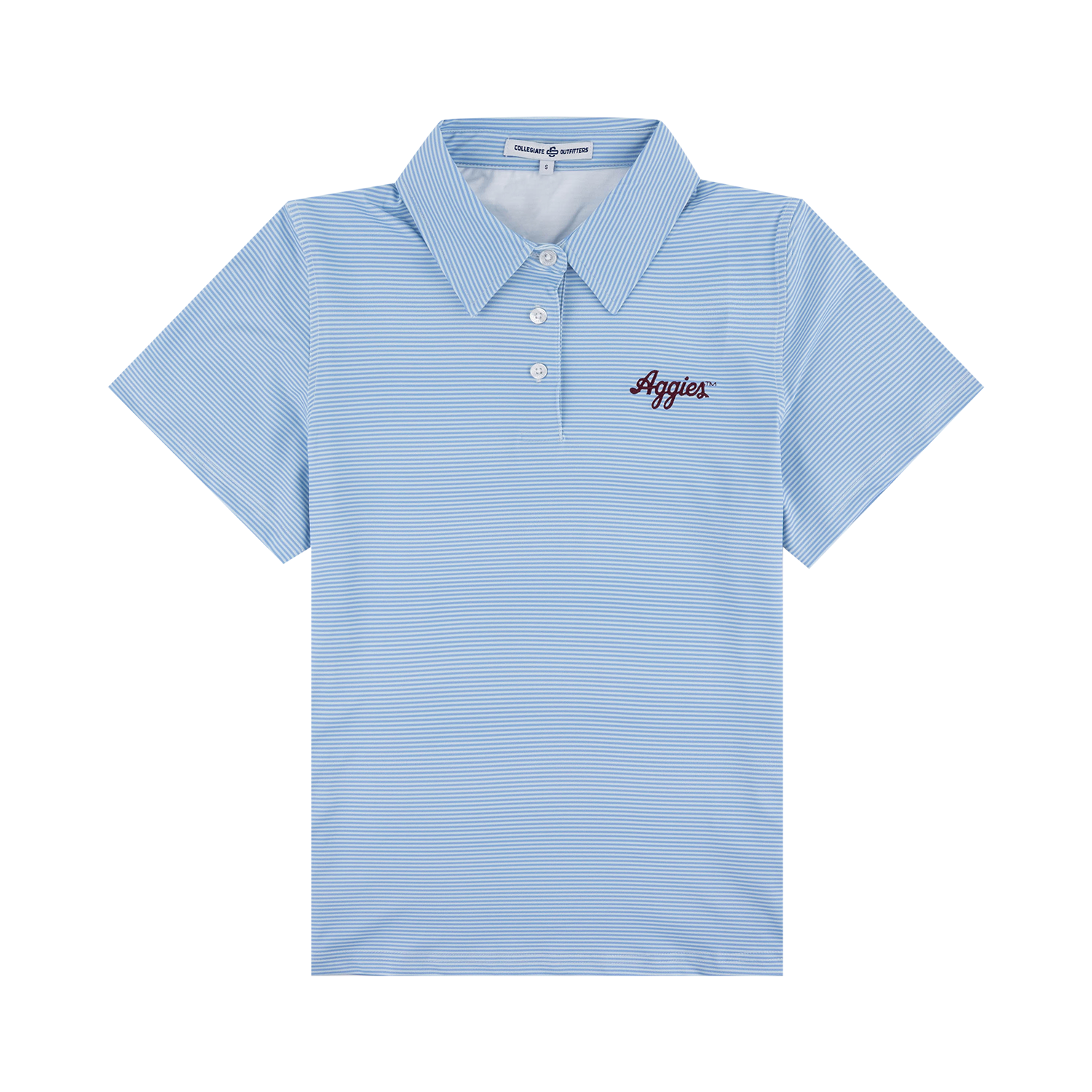 A light blue and white striped short-sleeve polo shirt with a two-button placket and a small embroidered 'Aggies' logo on the left chest, displayed on a clean white background.