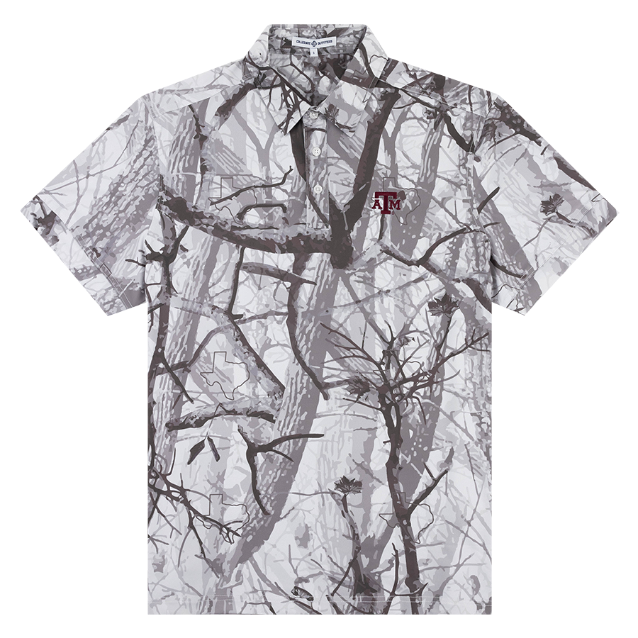 Woodlands gray camo polo with maroon ATM logo
