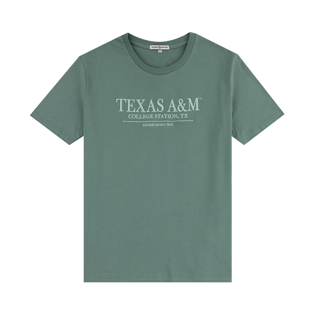 Green t-shirt with 'Texas A&M College Station, TX' text 