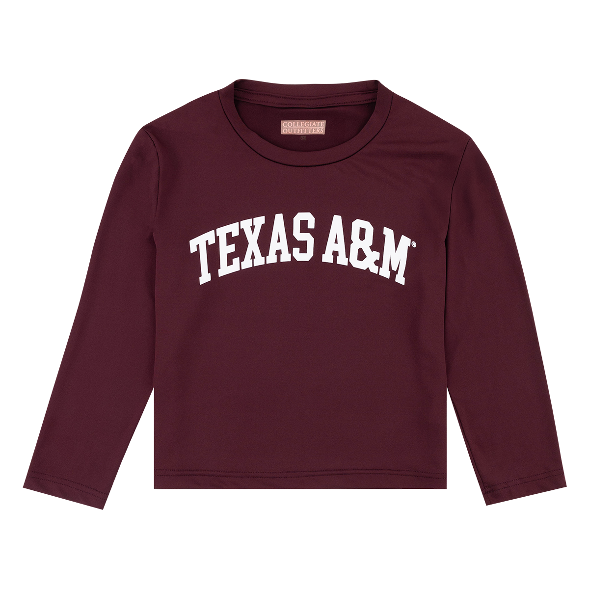 Maroon long-sleeve shirt with 'Texas A&M' in white in the center of the shirt.