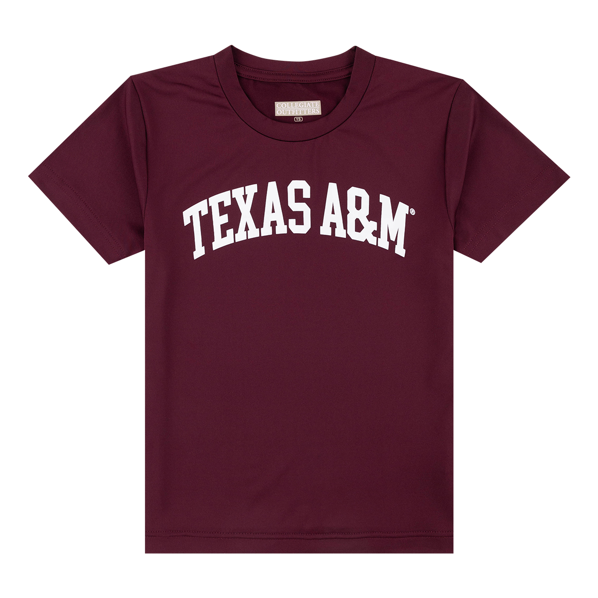 Maroon t-shirt with 'Texas A&M' in white in the center of the shirt.