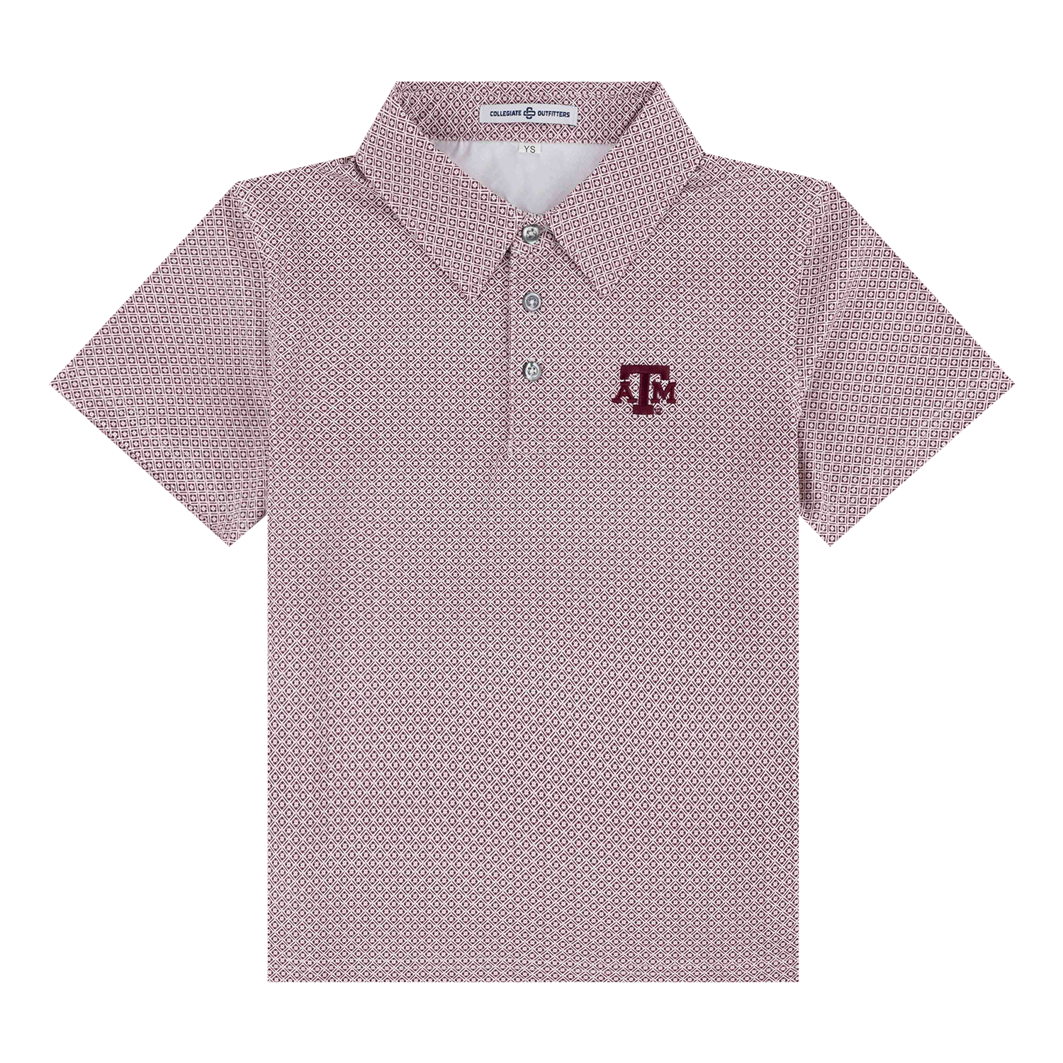 A short-sleeve polo shirt with a dense micro-pattern in maroon and white, featuring a maroon Texas A&M 'A&M' logo on the left chest.