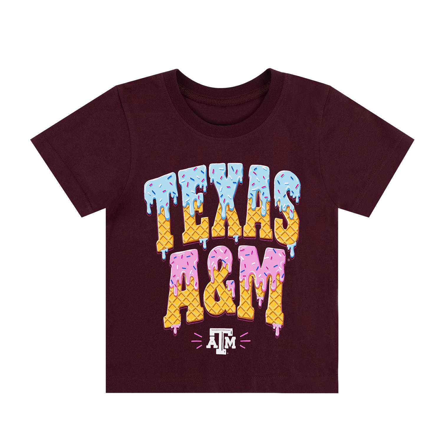 Texas A&M Collegiate Outfitters youth maroon T-shirt featuring colorful “TEXAS A&M” lettering designed to resemble ice cream with sprinkles, melting details, and a white Texas A&M logo underneath.