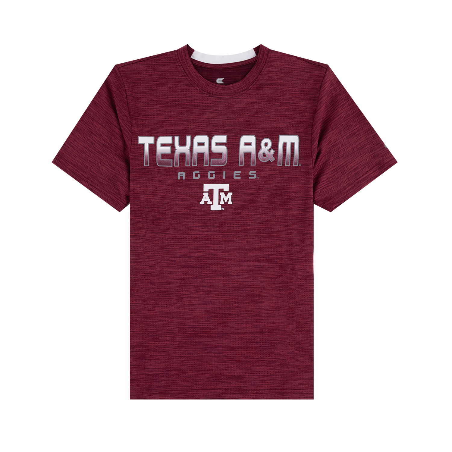 A maroon heathered short-sleeve t-shirt with 'TEXAS A&M AGGIES' and the 'A&M' logo printed in white on the front, displayed against a solid white background.