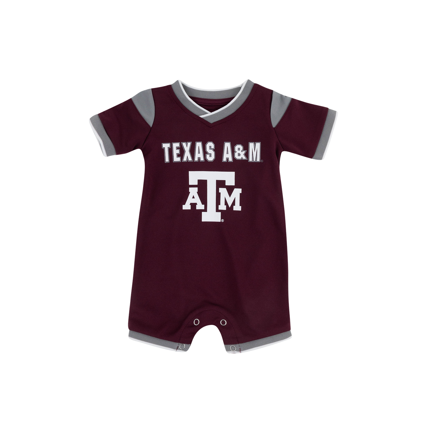 Maroon bodysuit with white text and gray outline on sleeves and legs