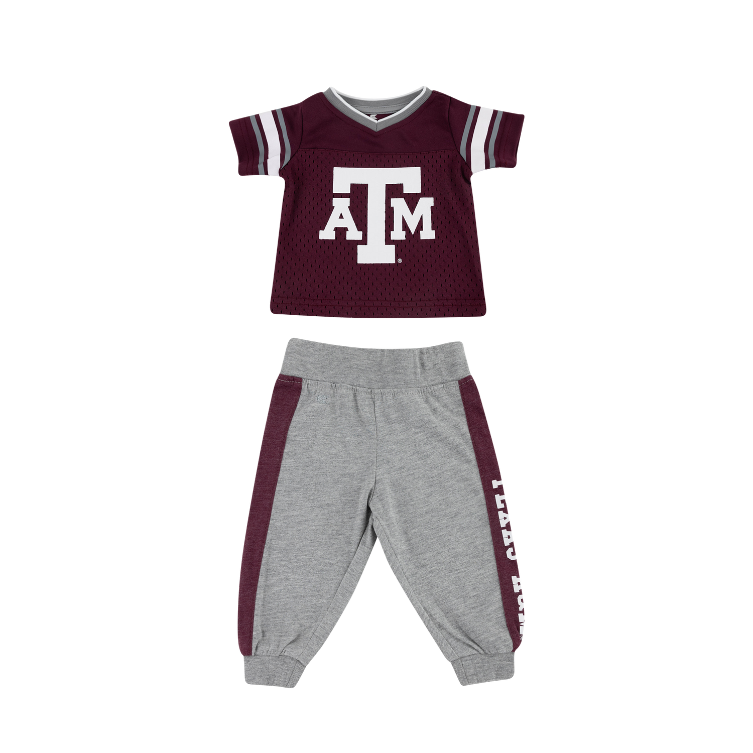 A two-piece infant outfit set featuring a maroon short-sleeve mesh jersey top with white 'A&M' lettering and gray and white striped sleeve trim, paired with heather gray jogger pants with maroon side panels 
