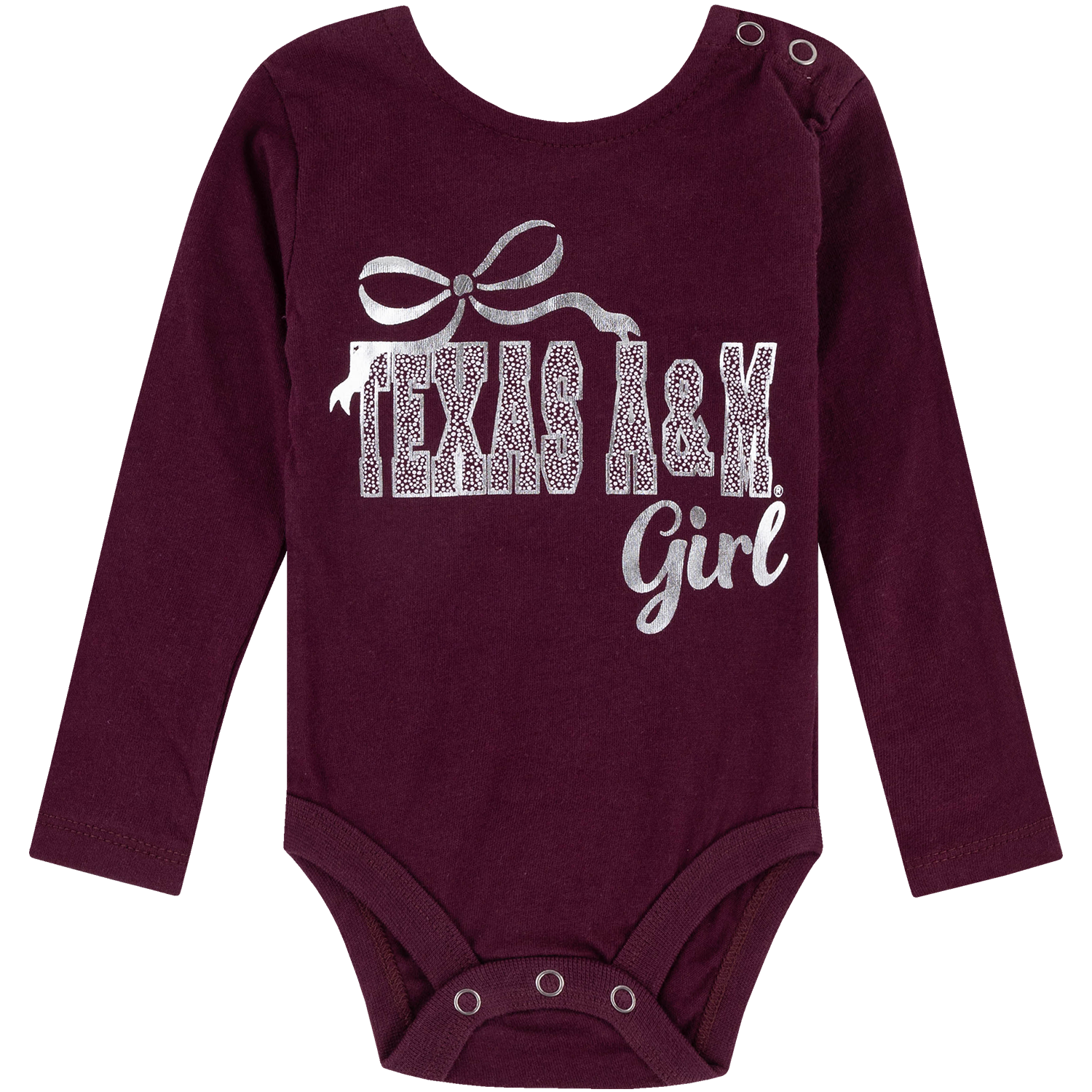 Maroon Texas A&M baby long-sleeve bodysuit featuring a silver bow graphic, sparkling “Texas A&M” lettering, and “Girl” script on the front, with snap closures at the shoulder and bottom.