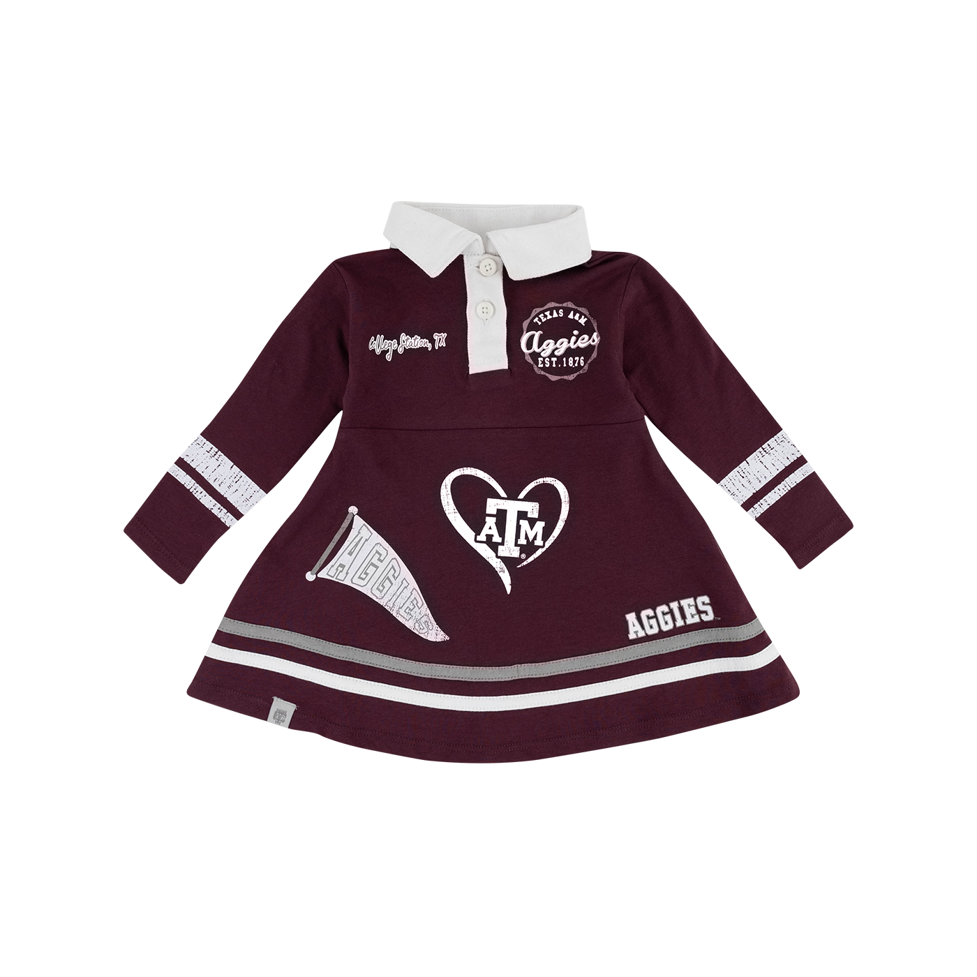 Maroon dress with white accents and fun A&M designs in white.