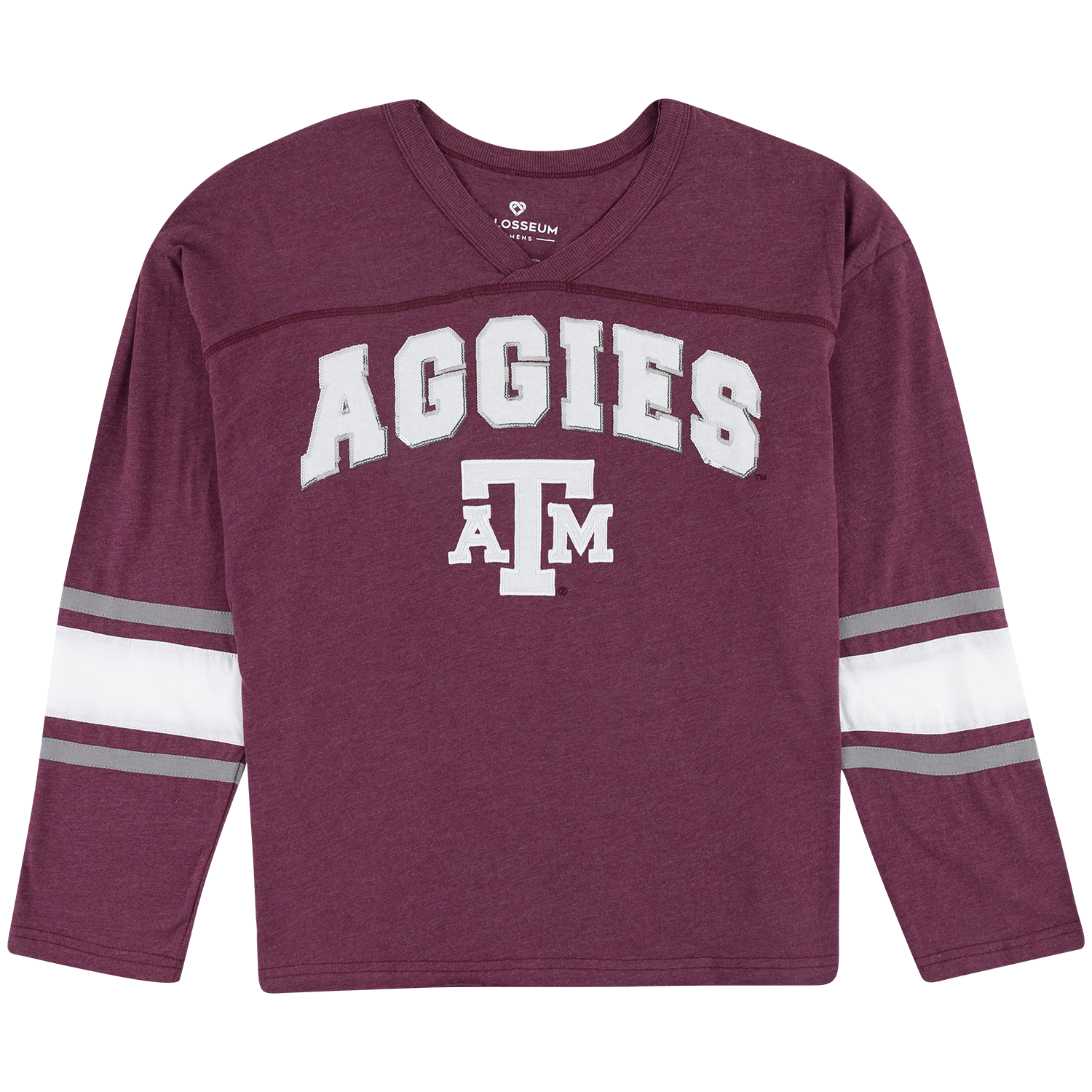 A maroon long-sleeve V-neck t-shirt with 'AGGIES' and 'A&M' in white varsity lettering on the front, featuring white and gray stripes on the sleeves, from the brand Colosseum.