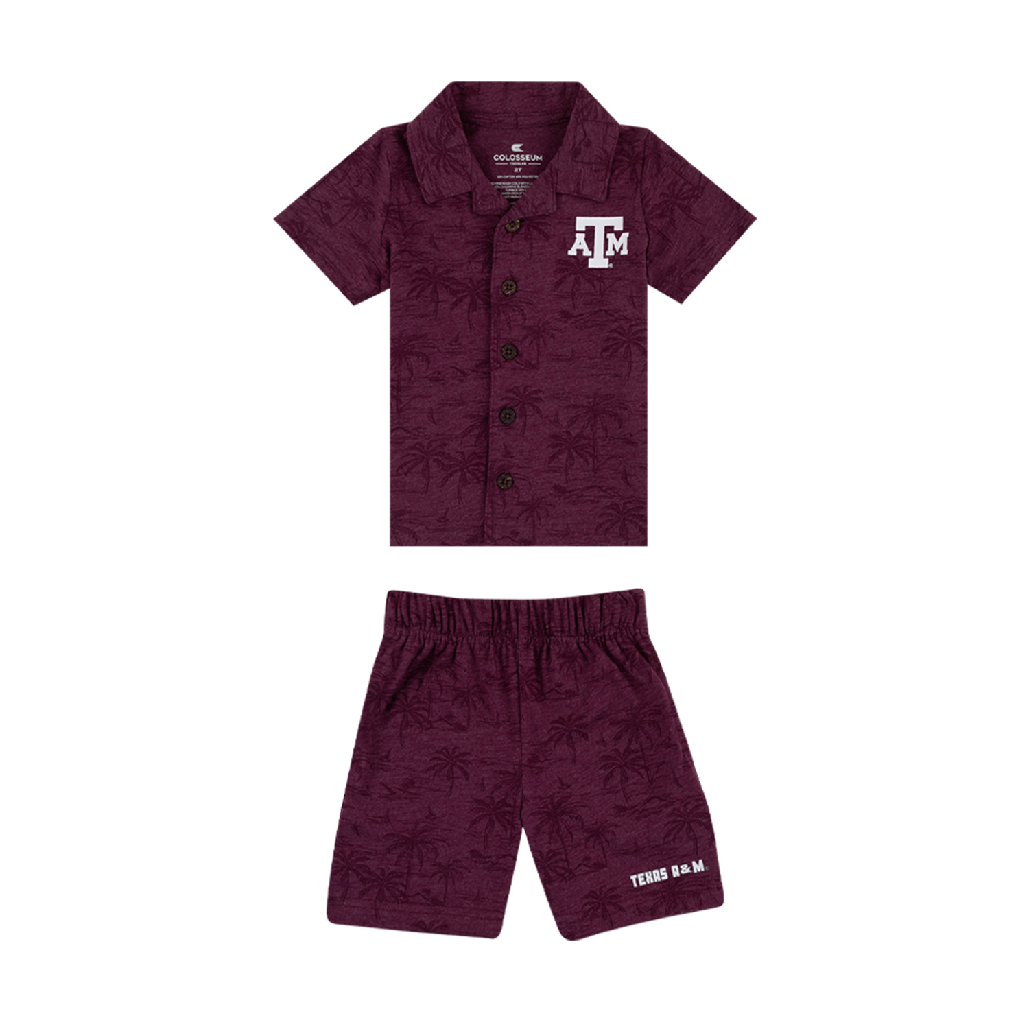 Maroon Top and Bottom Set with Texas A&M in White and Tropical Trees Design