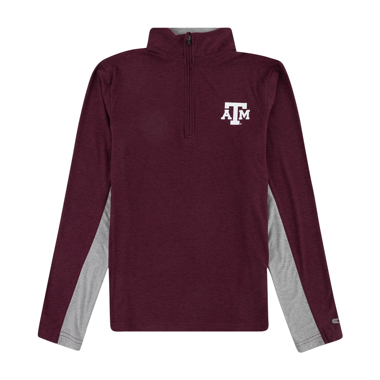 Maroon long-sleeve quarter-zip pullover featuring a white Texas A&M logo on the chest, gray contrast side panels, and a stand collar.