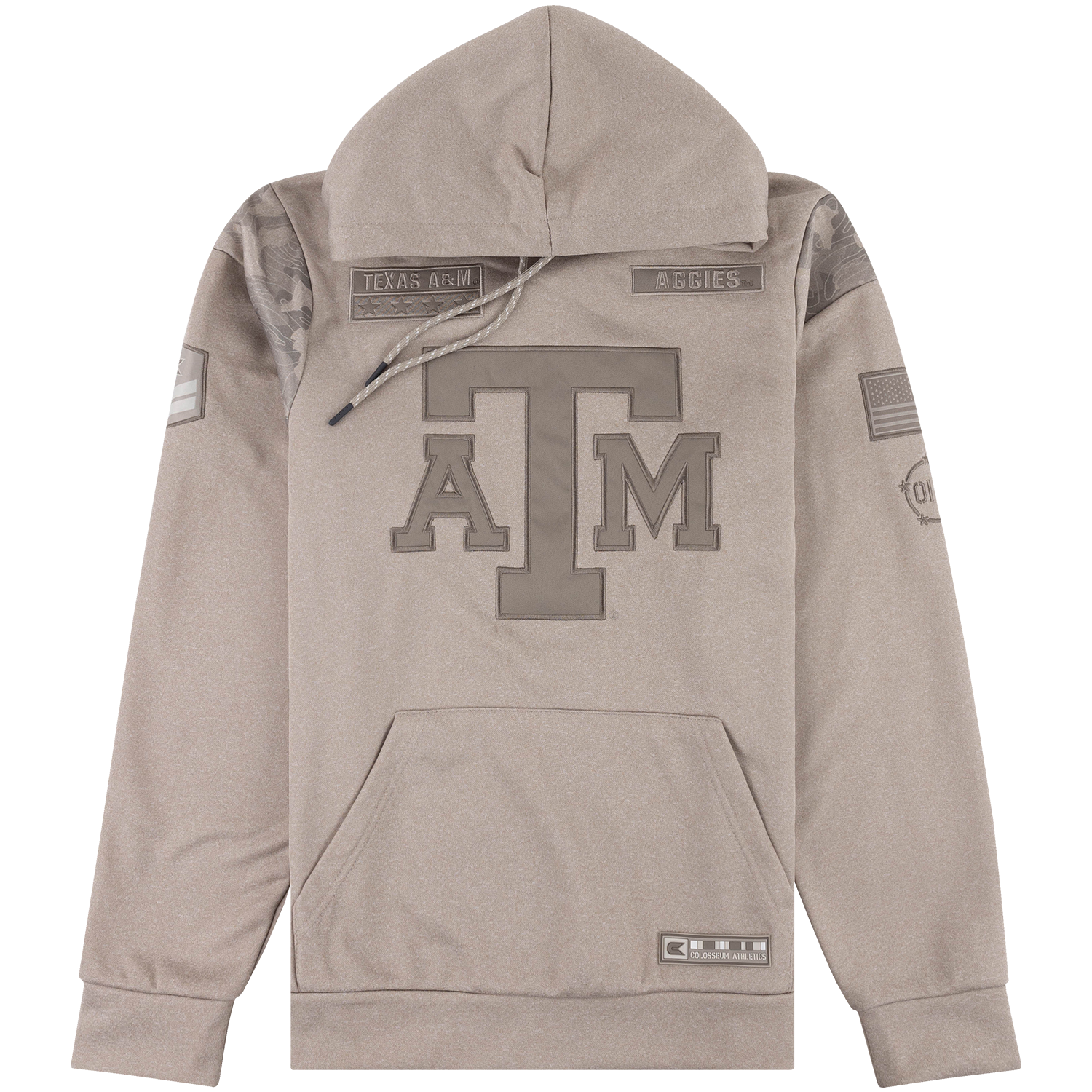 Tan Texas A&M Aggies pullover hoodie featuring a tonal oversized ATM logo on the front, Texas A&M and Aggies patches on the chest, camouflage-patterned shoulder panels, sleeve graphics, and a front kangaroo pocket.