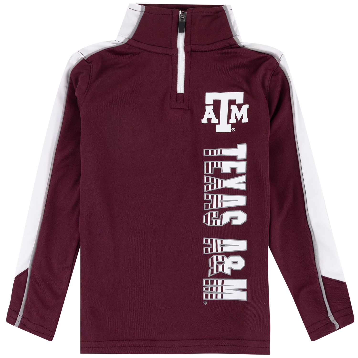 Maroon Texas A&M quarter-zip pullover featuring a white A&M logo, vertical “Texas A&M” graphic, and white side stripe detailing.