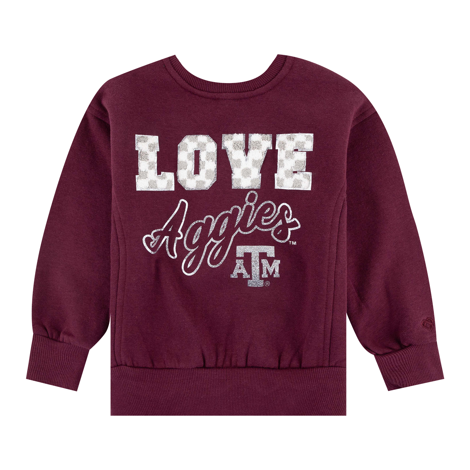 Maroon Texas A&M Aggies sweatshirt featuring white “LOVE” lettering with a leopard-print pattern, “Aggies” script, and a Texas A&M logo on the front, with ribbed cuffs and hem and a New Era logo on the sleeve.