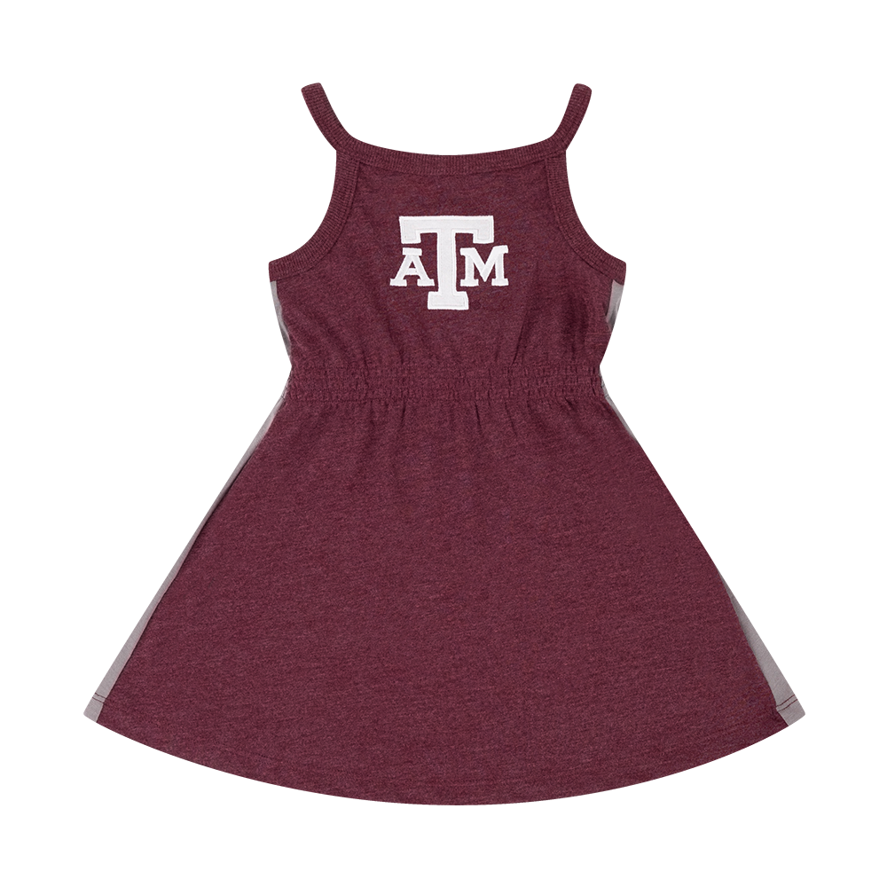 Maroon flared dress with white ATM logo and the back is gray