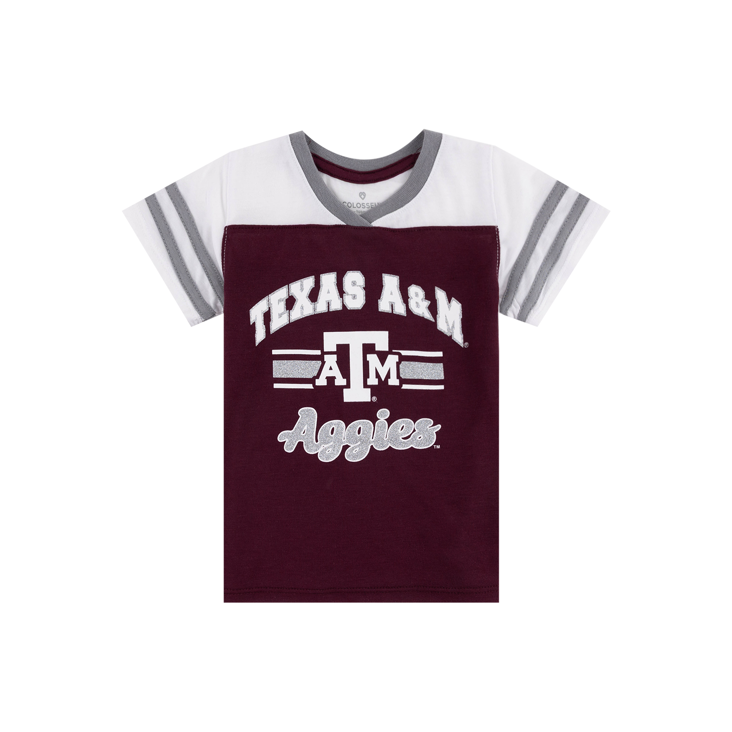 A short-sleeve Texas A&M Aggies ringer t-shirt featuring a maroon front panel with white collegiate lettering, a white upper body, and gray sleeve stripes.
