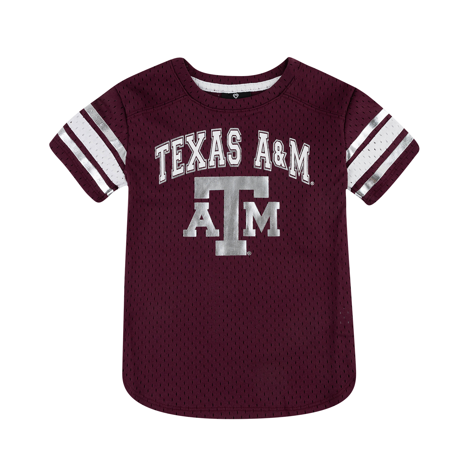 A toddler's short-sleeve maroon mesh jersey T-shirt with 'TEXAS A&M' and 'A&M' printed in distressed silver on the front, featuring white and maroon stripes on the sleeves.